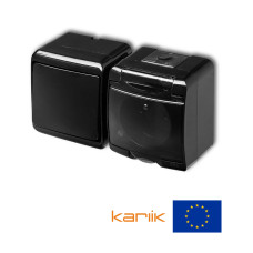 Розетка + вимикач Karlik Junior із заземленням та прозорою кришкою, мікс горизонтальний чорний 12WGHH-1sd