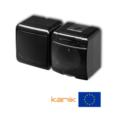 Розетка + вимикач прохідний Karlik Junior із заземленням та прозорою кришкою, мікс горизонтальний чорний 12WGHH-3sd