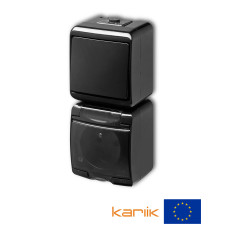 Розетка + вимикач Karlik Junior із заземленням та прозорою кришкою, мікс вертикальний чорний 12WGHP-1sd