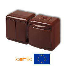 Розетка + вимикач 2-клавішний Karlik Junior із заземленням та кришкою, мікс горизонтальний коричневий 4WGHH-2s