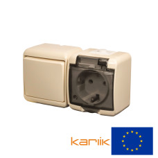 Розетка + вимикач Karlik Junior із заземленням та прозорою кришкою, мікс горизонтальний бежевий 1WGHH-1sd