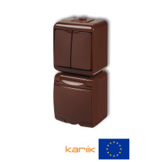 Розетка + вимикач 2-клавішний Karlik Junior із заземленням та кришкою, мікс вертикальний коричневий 4WGHP-2s